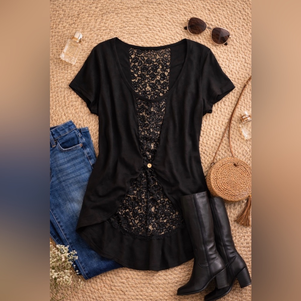 Eyelash Couture Black Hi-Low Lace Back Top ~ Size X-Large - Picture 6 of 9